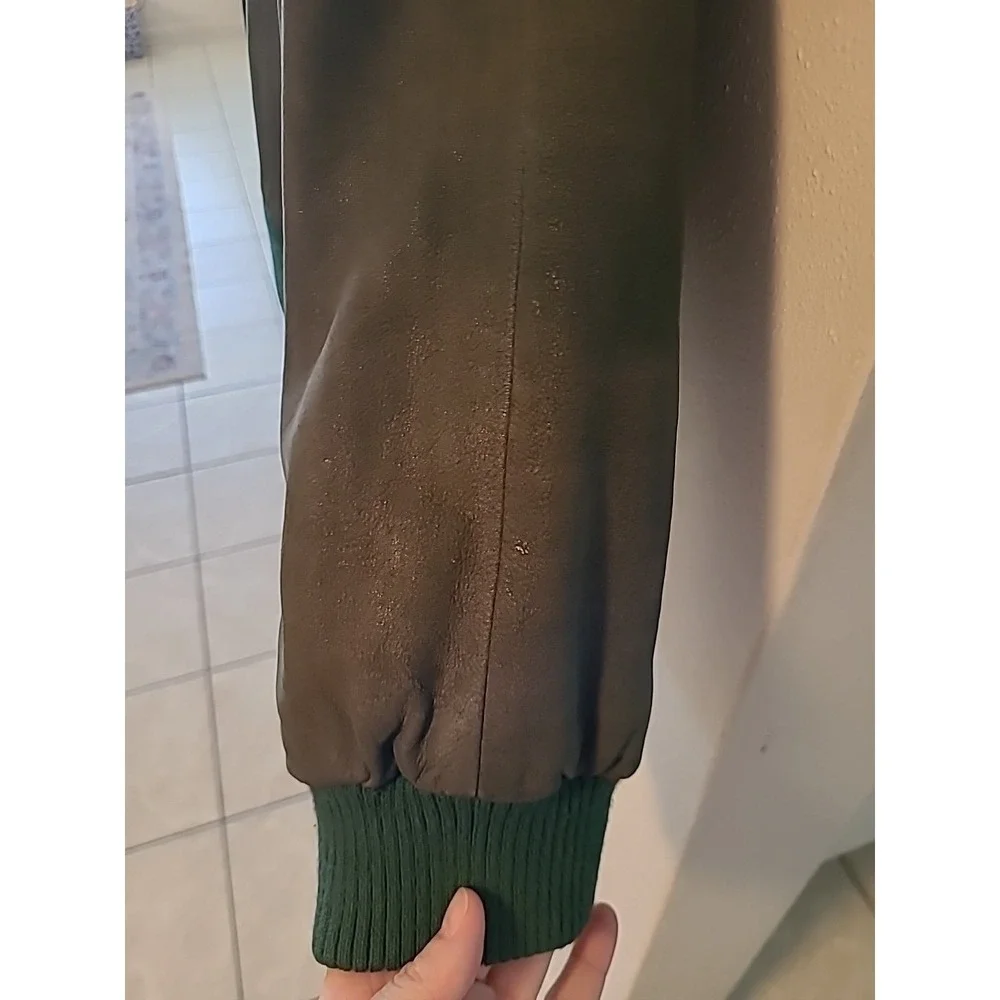 VTG Donna Pelle Men Large Green Genuine Leather Bomber Jacket Pockets Zipper